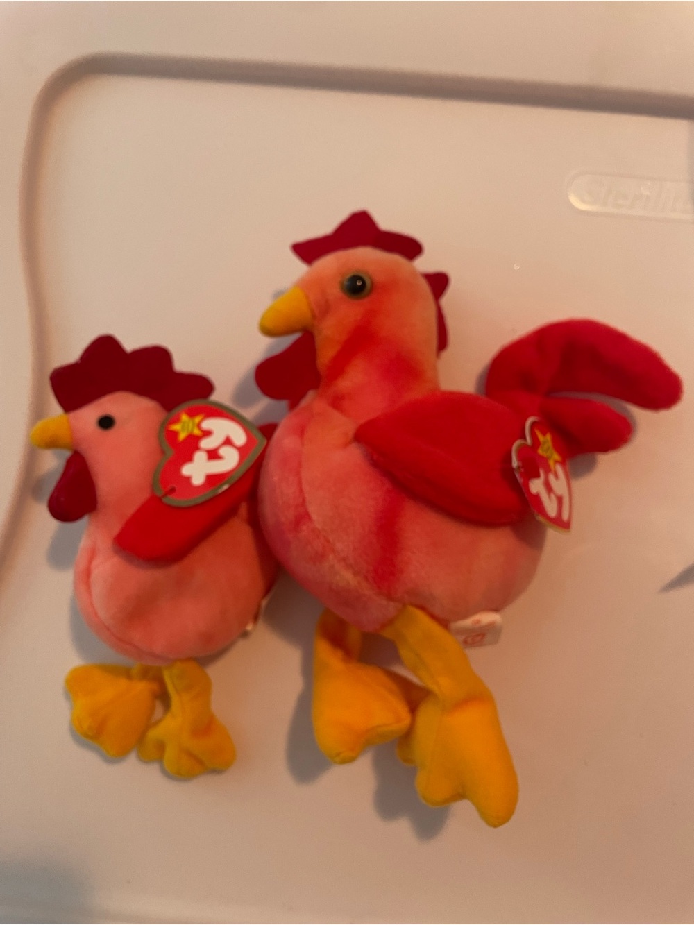 1996 beanie baby Ty Strut and Doodle Plush Rooster Pair- regular and teenie